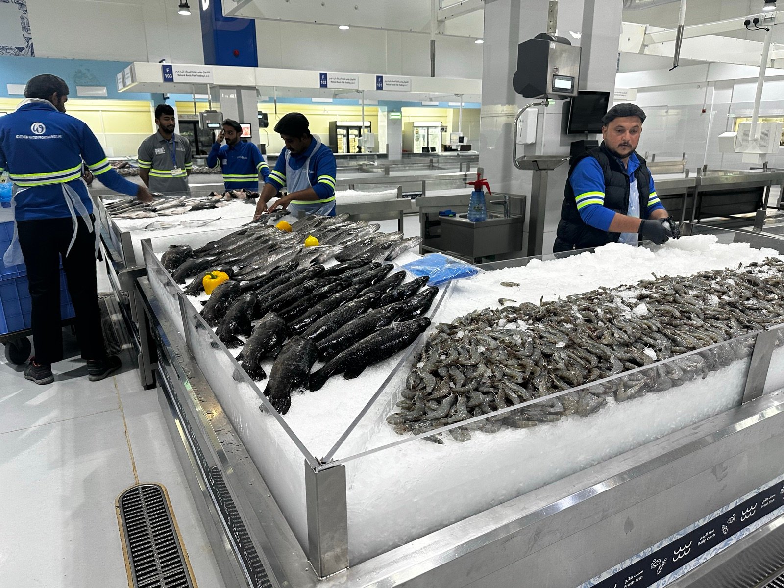 Waterfront Market seafood retail display with staff operations